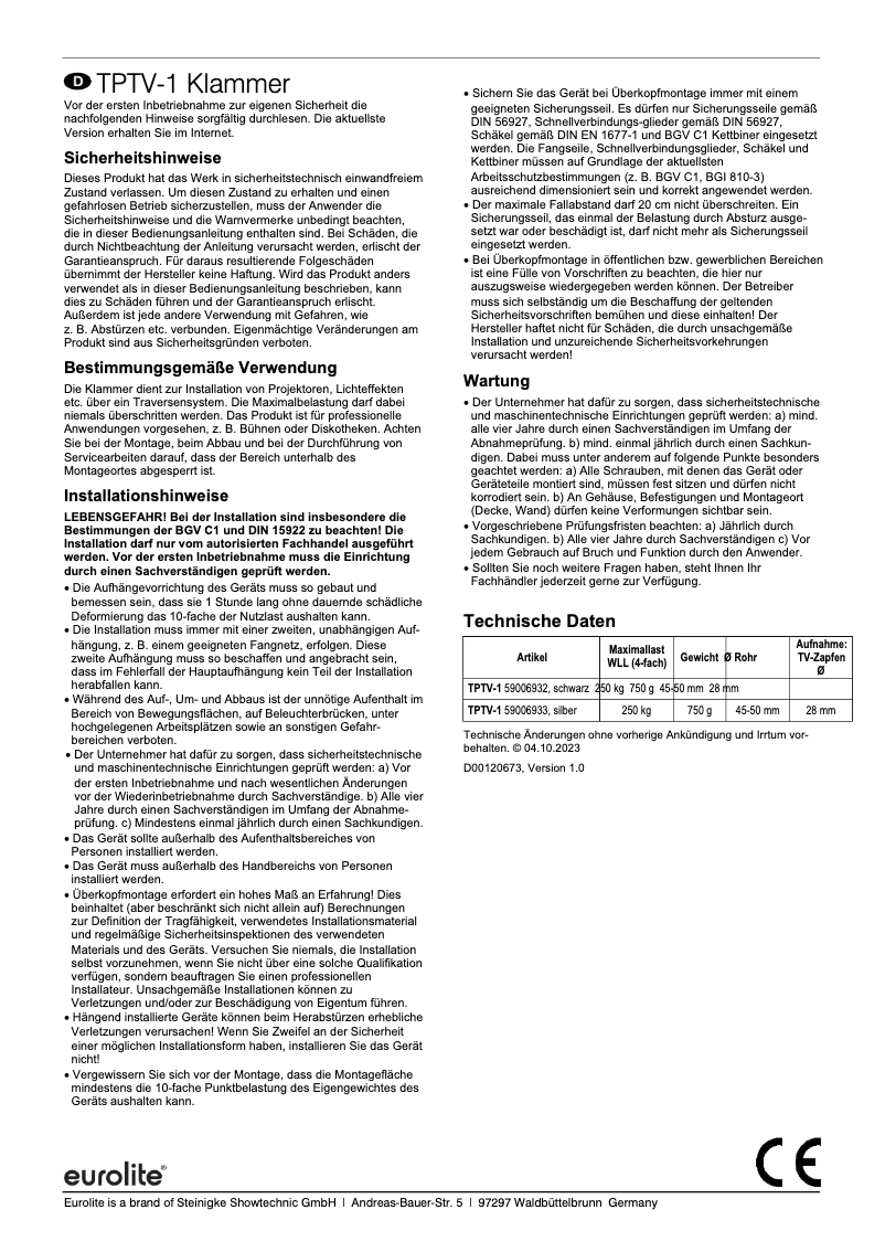 Page 1 de la notice Manuel utilisateur Eurolite TPTV-1