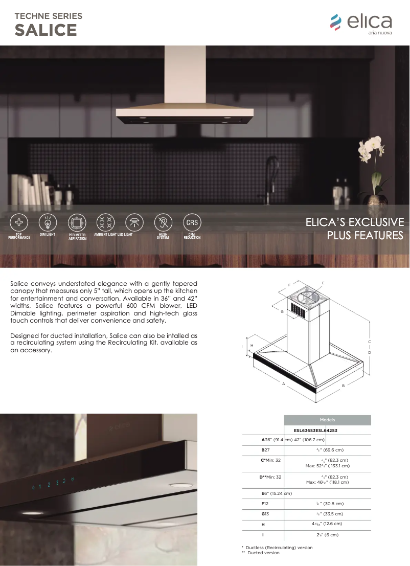 Page 1 de la notice Fiche technique Elica Salice ESL642S3