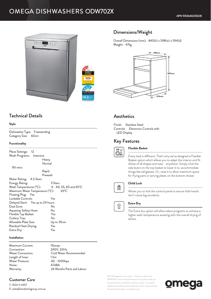 Page 1 de la notice Fiche technique Omega ODW702X