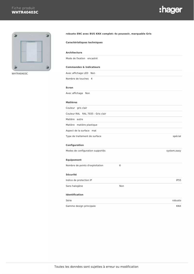 Page n°1 - Fiche technique Hager WHTR40403C