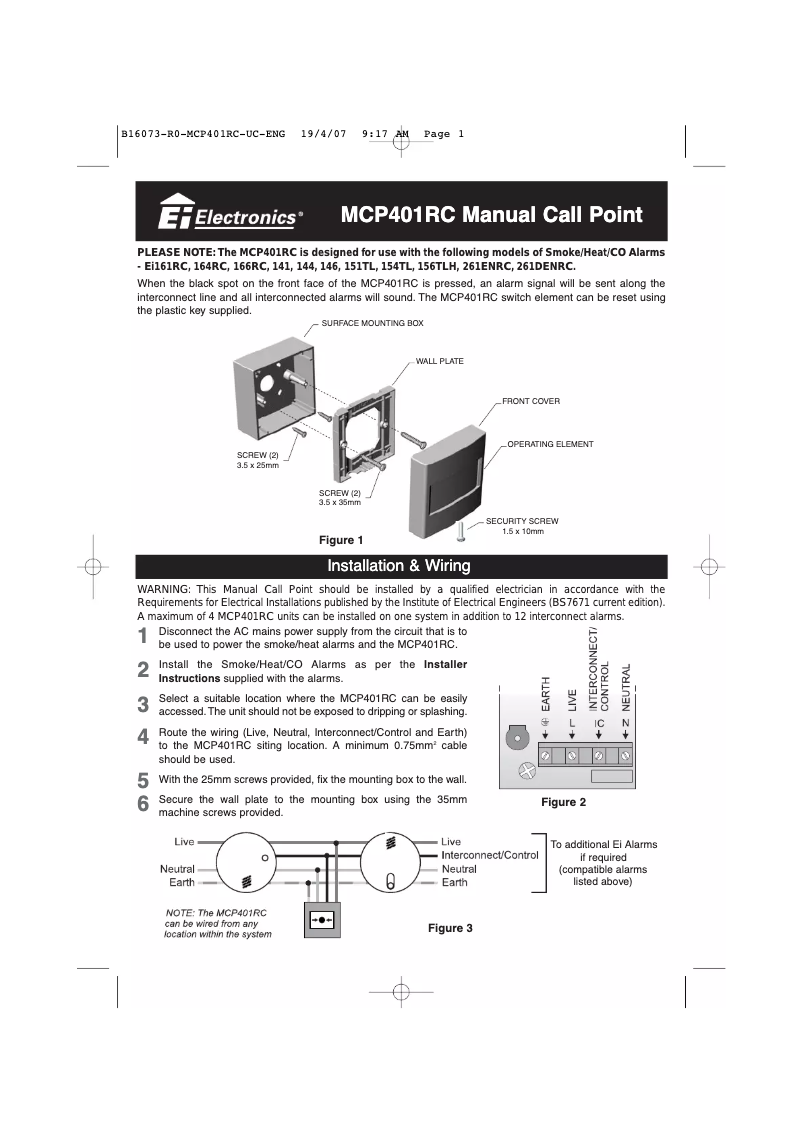 Page 1 de la notice Manuel utilisateur Ei Electronics MCP401RC