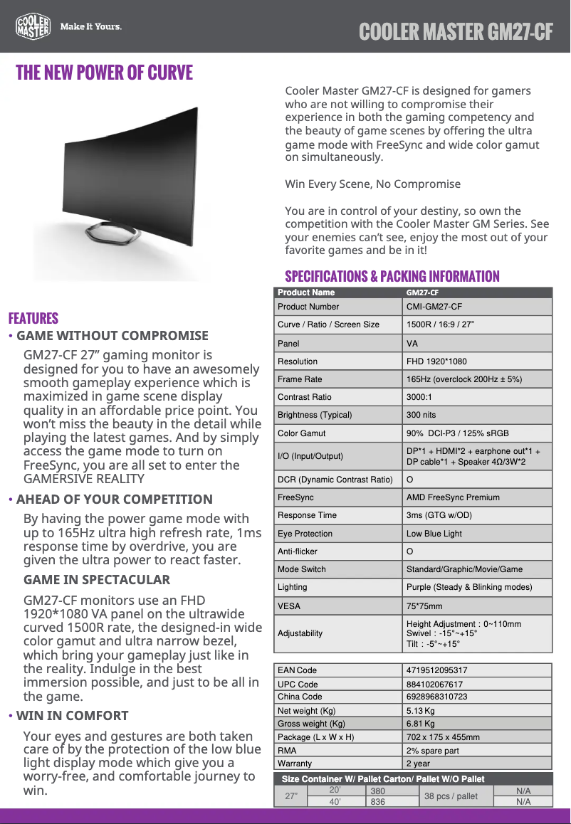 Page 1 de la notice Fiche technique Cooler Master GM27-CF