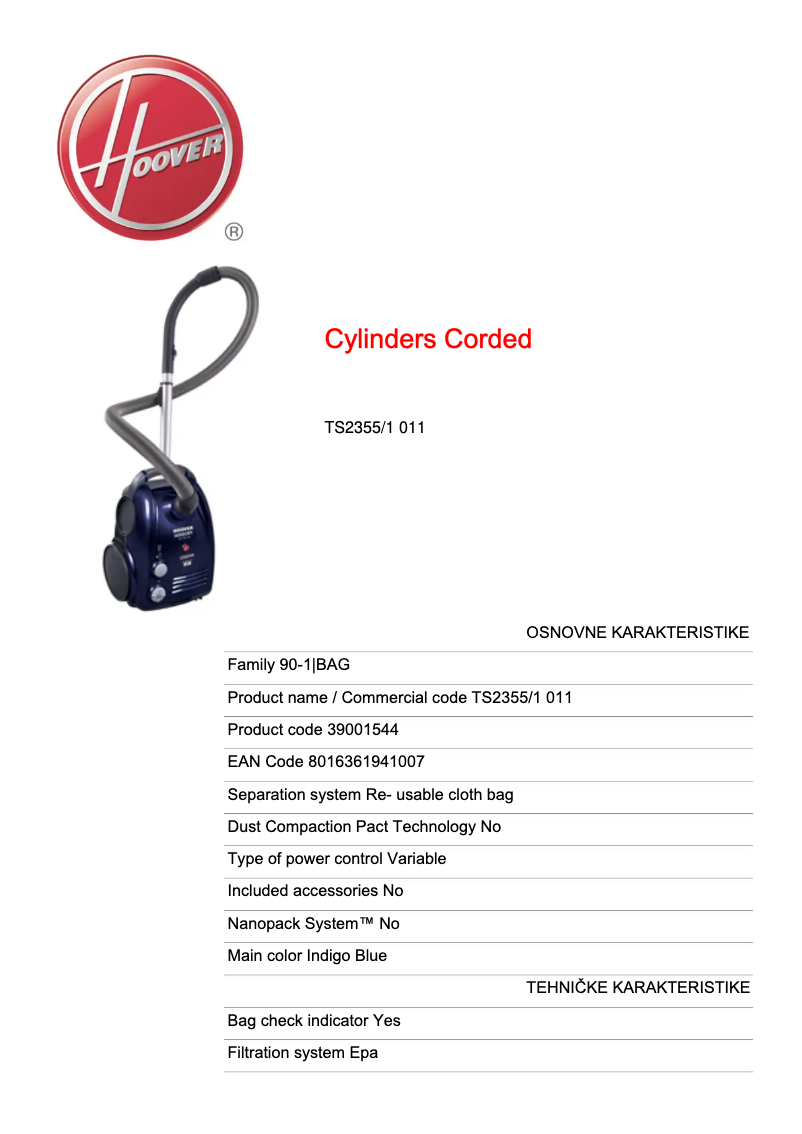 Page 1 de la notice Fiche technique Hoover Sensory TS2355/1 011