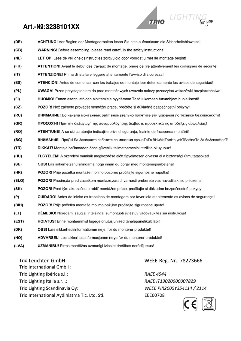 Page 1 de la notice Manuel utilisateur Trio Lighting Zenit 323810179