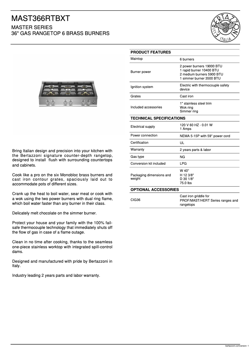 Page 1 de la notice Fiche technique Bertazzoni MAST366RTBXT