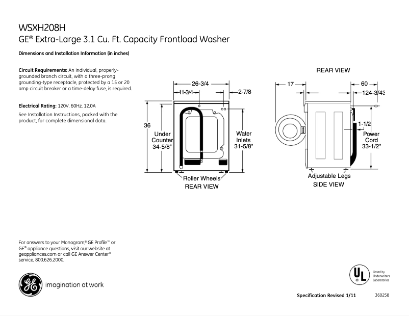 Page n°1 - Fiche technique GE WSXH208HWW