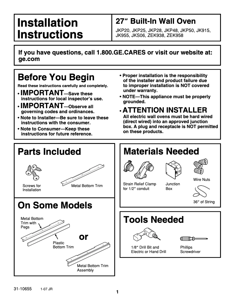 Page 1 de la notice Guide d'installation GE JKP20BFBB