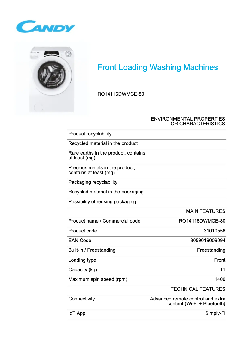 Page 1 de la notice Fiche technique Candy RO14116DWMCE-80