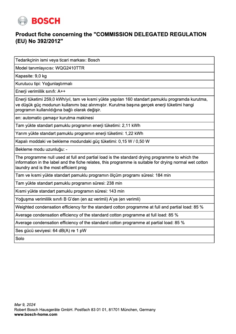 Page 1 de la notice Fiche technique Bosch WQG2410TTR