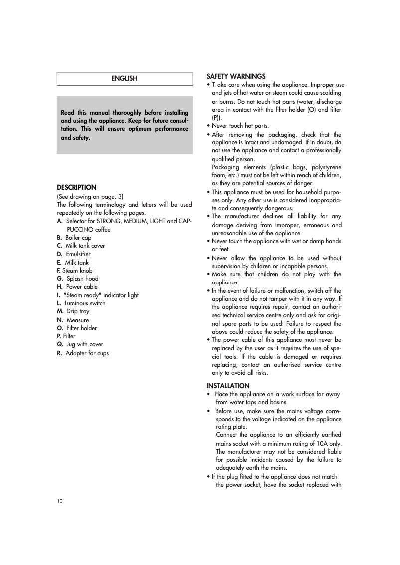 Page 1 de la notice Manuel utilisateur DeLonghi EC 9.1