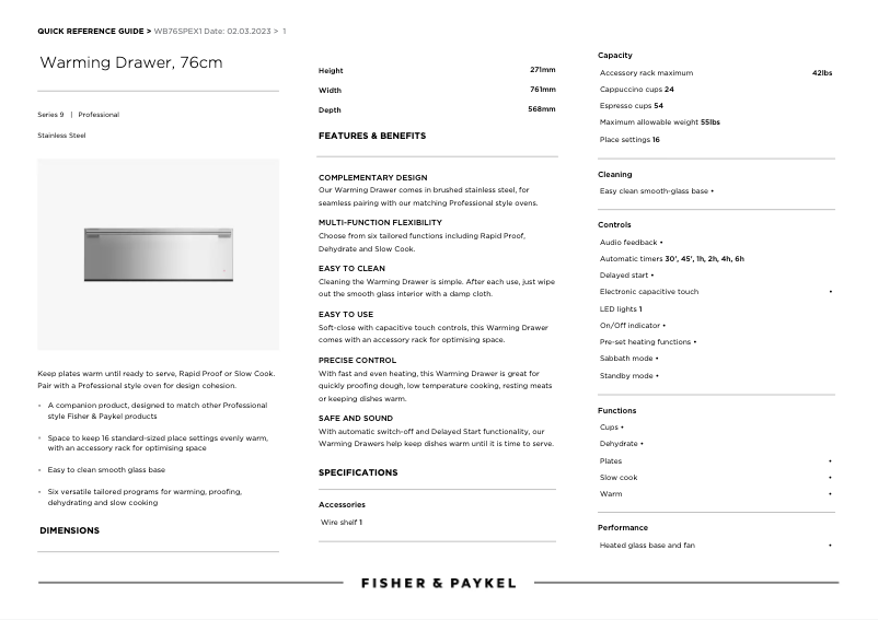 Page 1 de la notice Fiche technique Fisher & Paykel WB76SPEX1