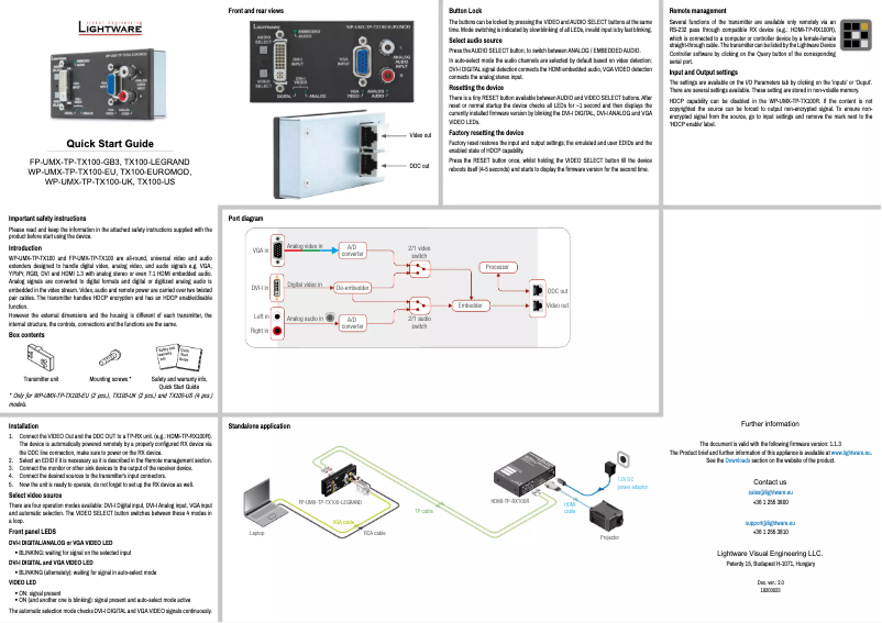 Page 1 de la notice Manuel utilisateur Lightware WP-UMX-TP-TX100-EU