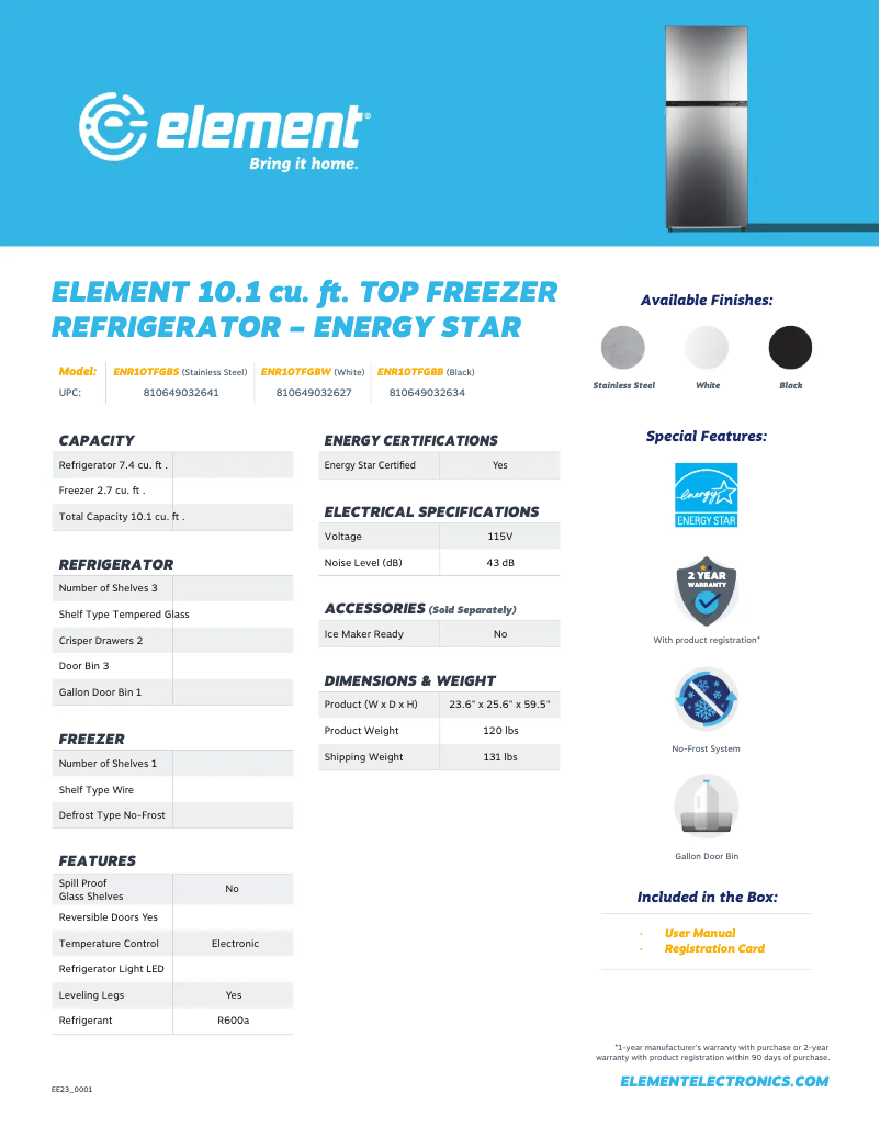 Page 1 de la notice Fiche technique Element ENR10TFGBW