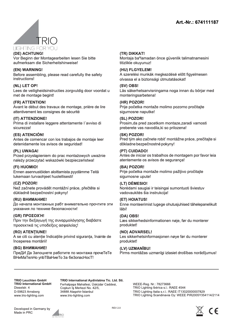 Page 1 de la notice Manuel utilisateur Trio Lighting Torrance 674111187