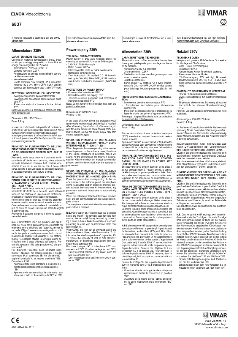 Page n°1 - Instructions / montage Vimar ELVOX 6837