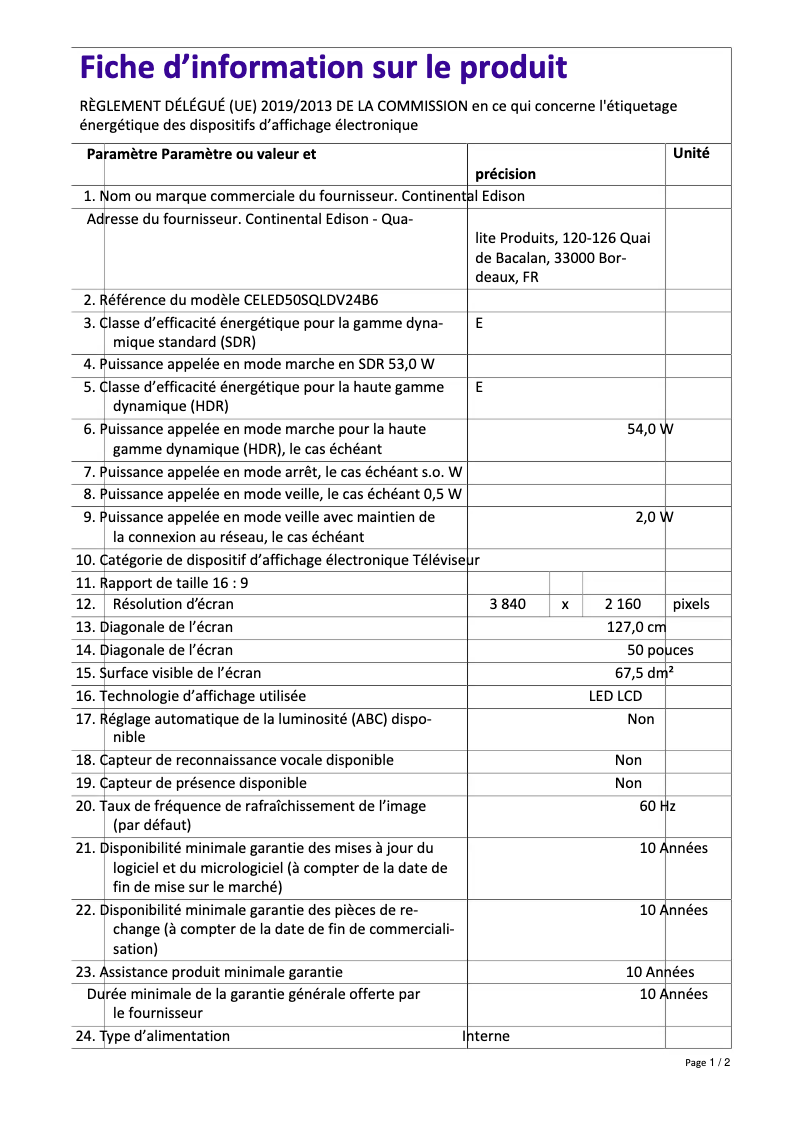 Page 1 de la notice Label énergétique Continental Edison CELED50SQLDV24B6