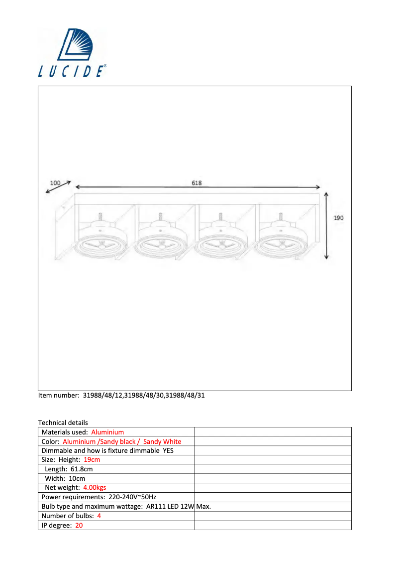 Page 1 de la notice Manuel utilisateur Lucide Zett 31988/48/12