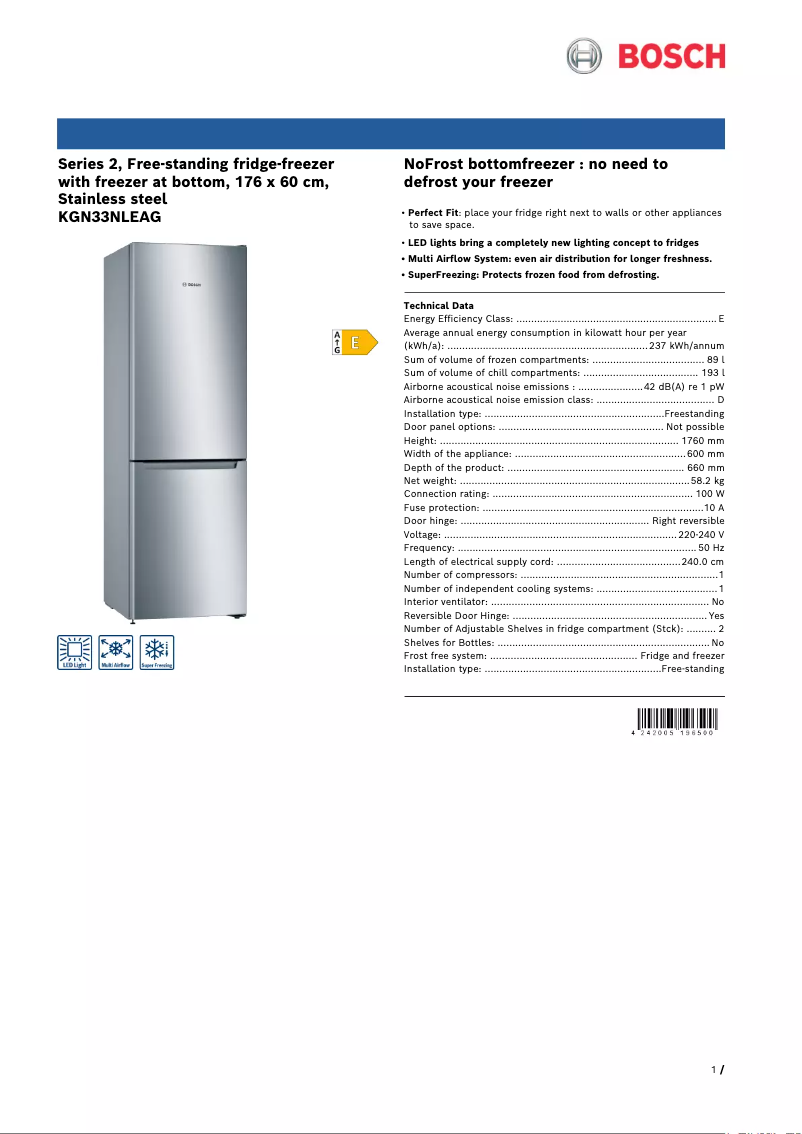 Página 1 del manual Ficha técnica Bosch Serie 2 KGN33NLEAG