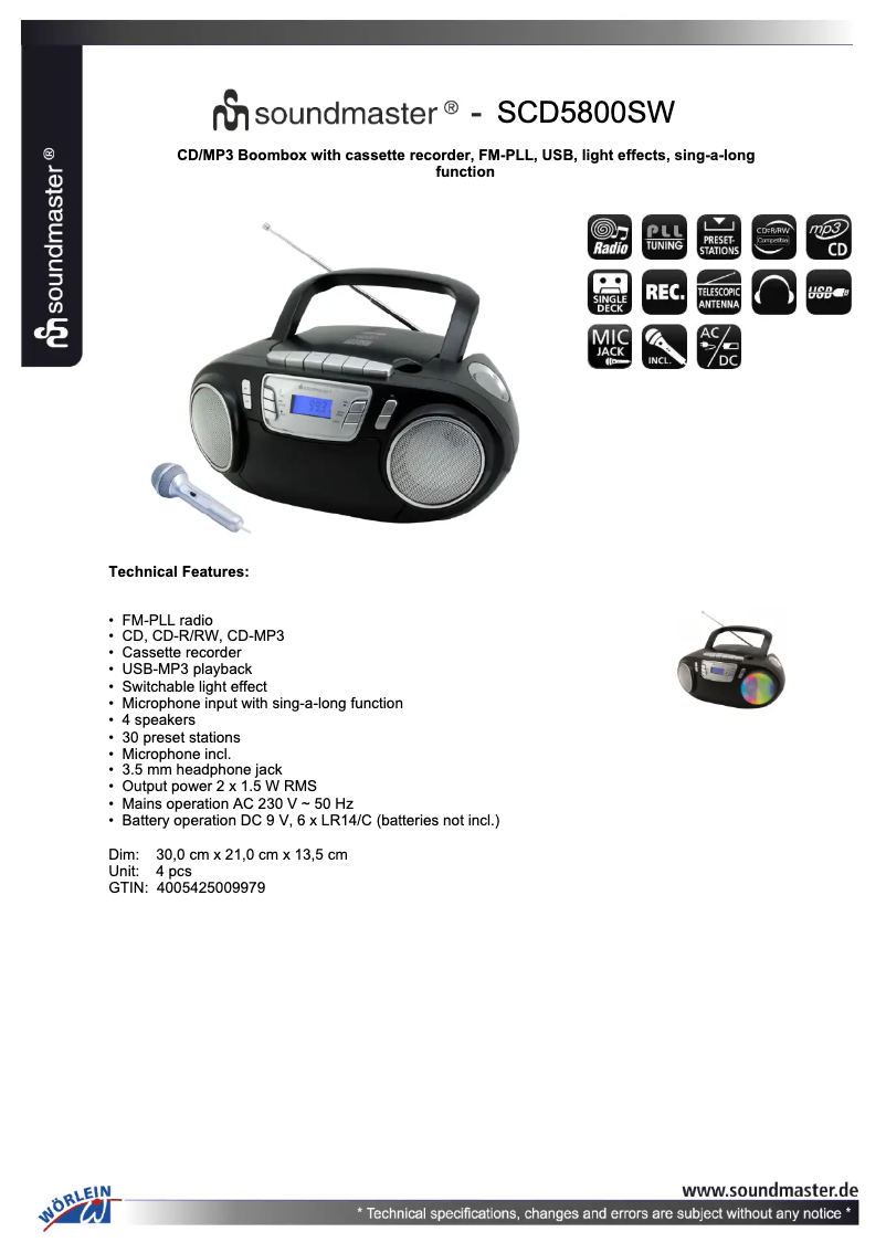Page 1 de la notice Fiche technique Soundmaster SCD5800