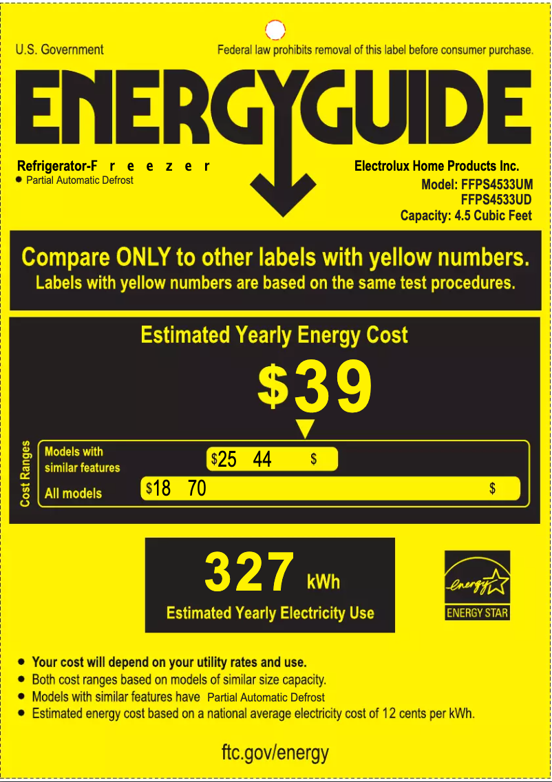 Página 1 del manual Etiqueta energética Frigidaire FFPS4533UM