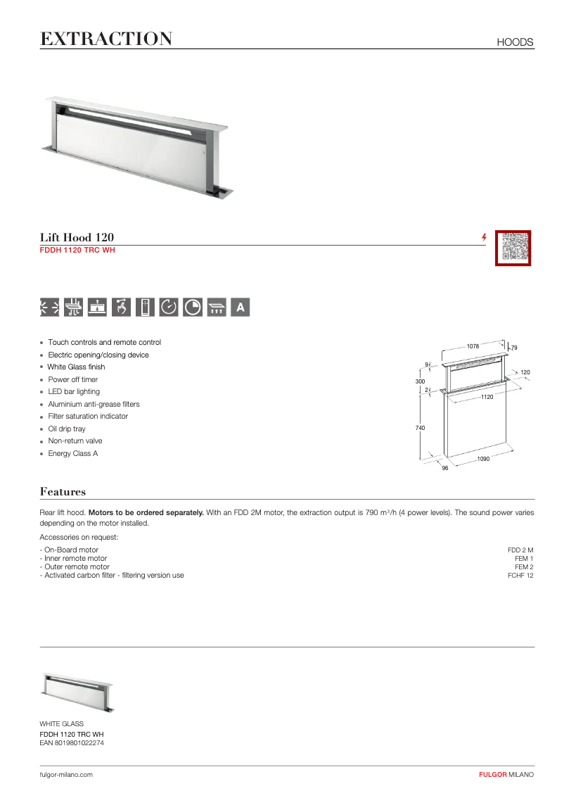 Page 1 de la notice Fiche technique Fulgor Milano FDDH 1120 TRC WH