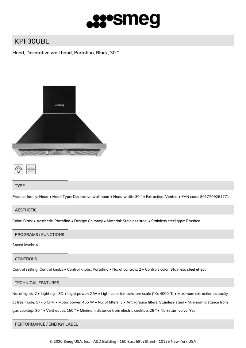 Page 1 de la notice Fiche technique Smeg KPF30UBL