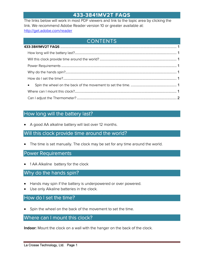 Page 1 de la notice FAQ La Crosse Technology 433-3841MV2T
