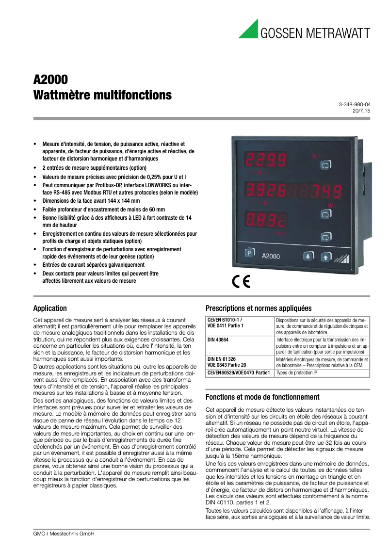 Page 1 de la notice Fiche technique Gossen Metrawatt A2000