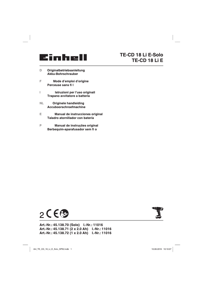 Page 1 de la notice Manuel utilisateur Einhell TE-CD 18 LI E
