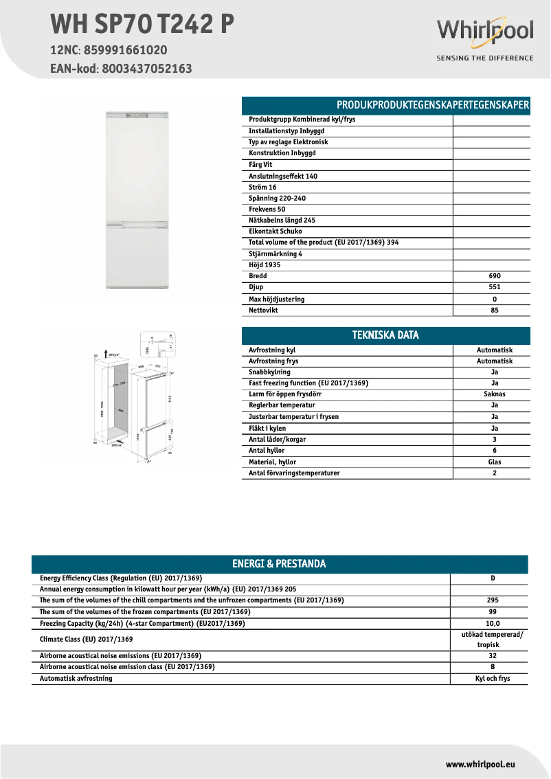 Página 1 del manual Ficha técnica Whirlpool WH SP70 T242 P