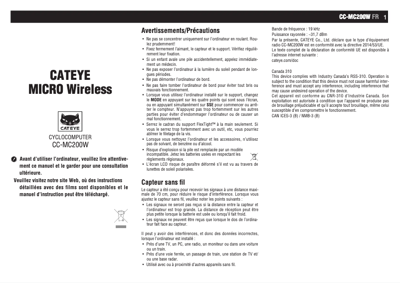 Page 1 de la notice Manuel utilisateur Cateye Micro Wireless CC-MC200W