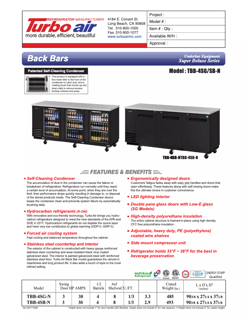 Page 1 de la notice Fiche technique Turbo air TBB-4SG