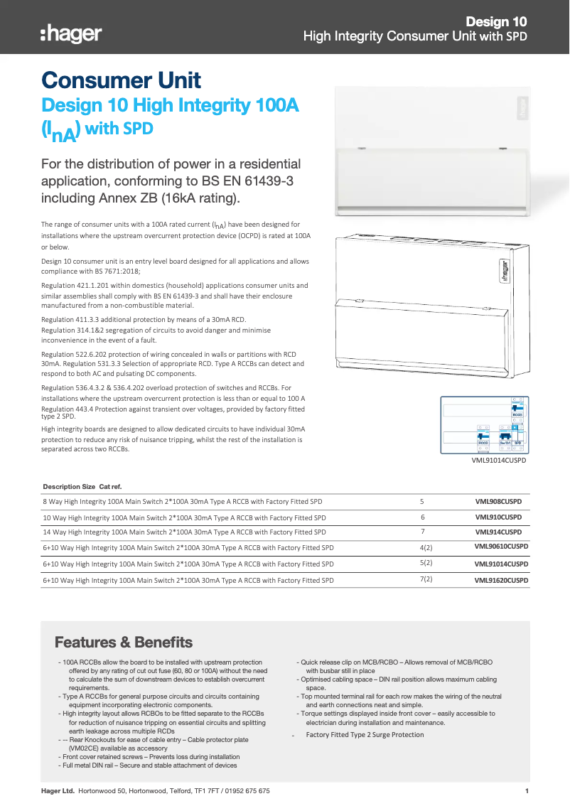 Page n°1 - Fiche technique Hager VMLF908CUSPD