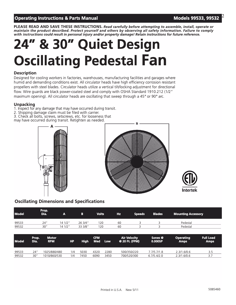 Page 1 de la notice Manuel utilisateur Air King 99532
