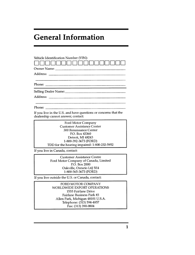 Page n°1 - Manuel d'utilisation et d'entretien Ford Aspire (1997)