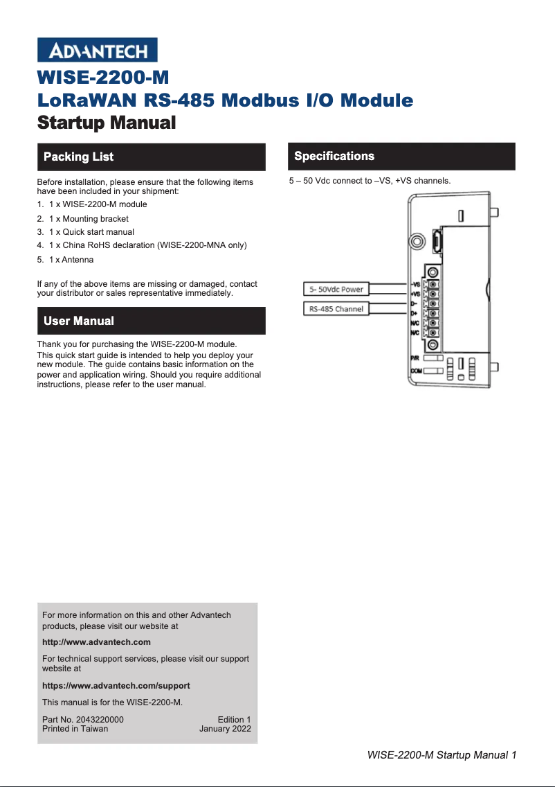 Page 1 de la notice Manuel utilisateur Advantech WISE-2200-MNA
