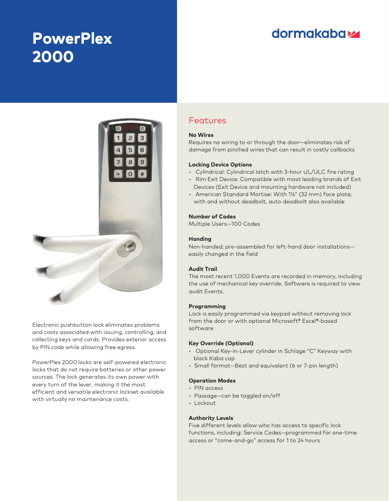 Page 1 of the manual Technical Sheet Dormakaba PowerPlex 2000