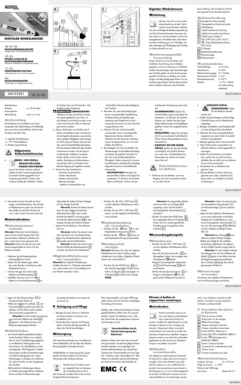Page 1 de la notice Manuel utilisateur Powerfix IAN 93281