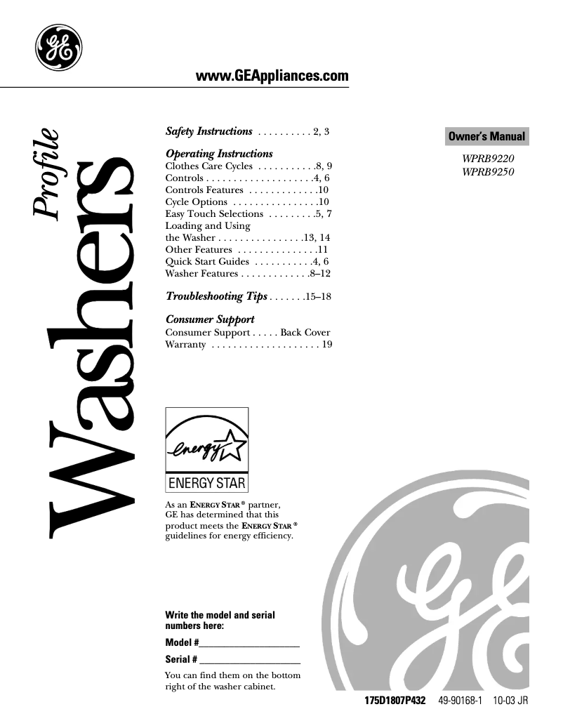 Page 1 de la notice Manuel d'utilisation et d'entretien GE Profile WPRB9250DWW