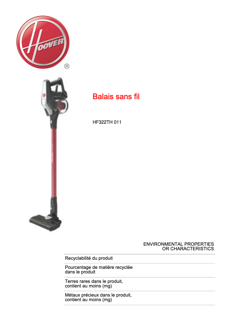 Page n°1 - Fiche technique Hoover H-Free 300 HF322TH 011