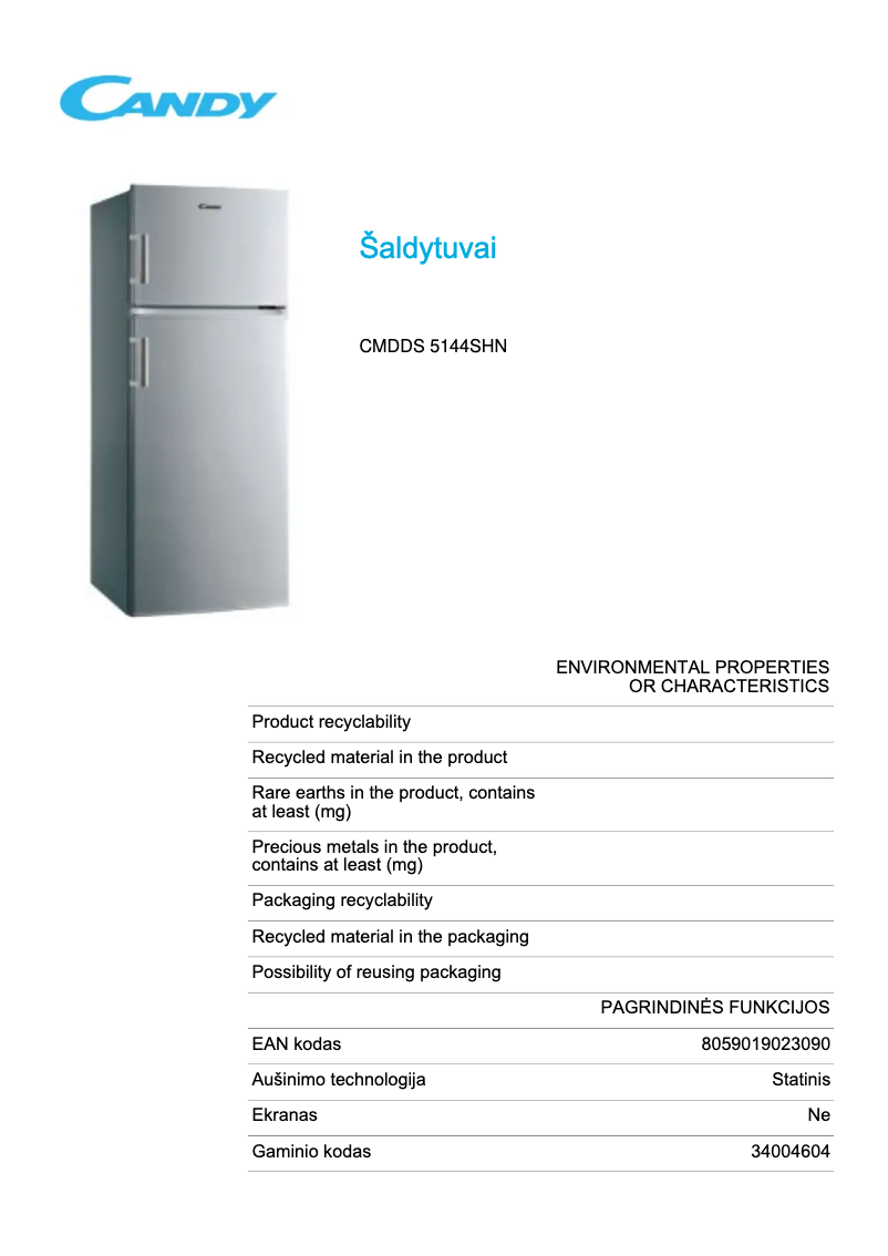 Page 1 de la notice Fiche technique Candy CMDDS 5144SHN