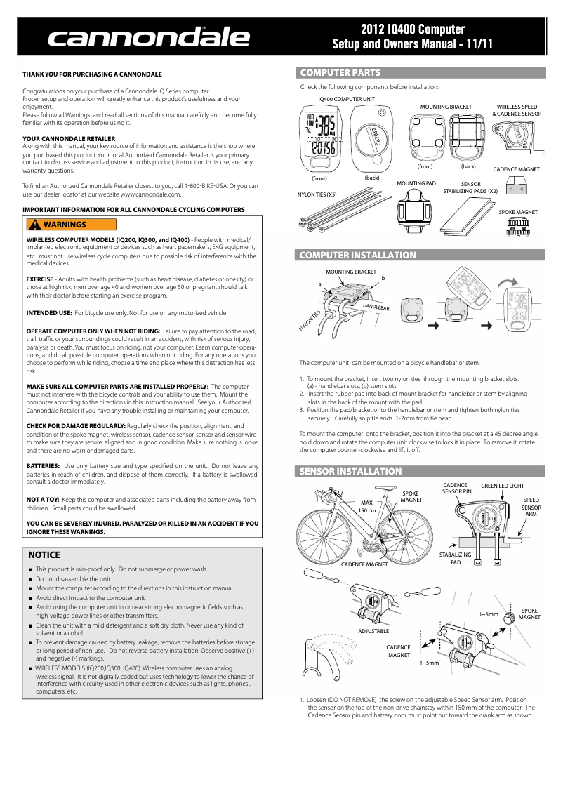 Page 1 de la notice Manuel utilisateur Cannondale IQ400