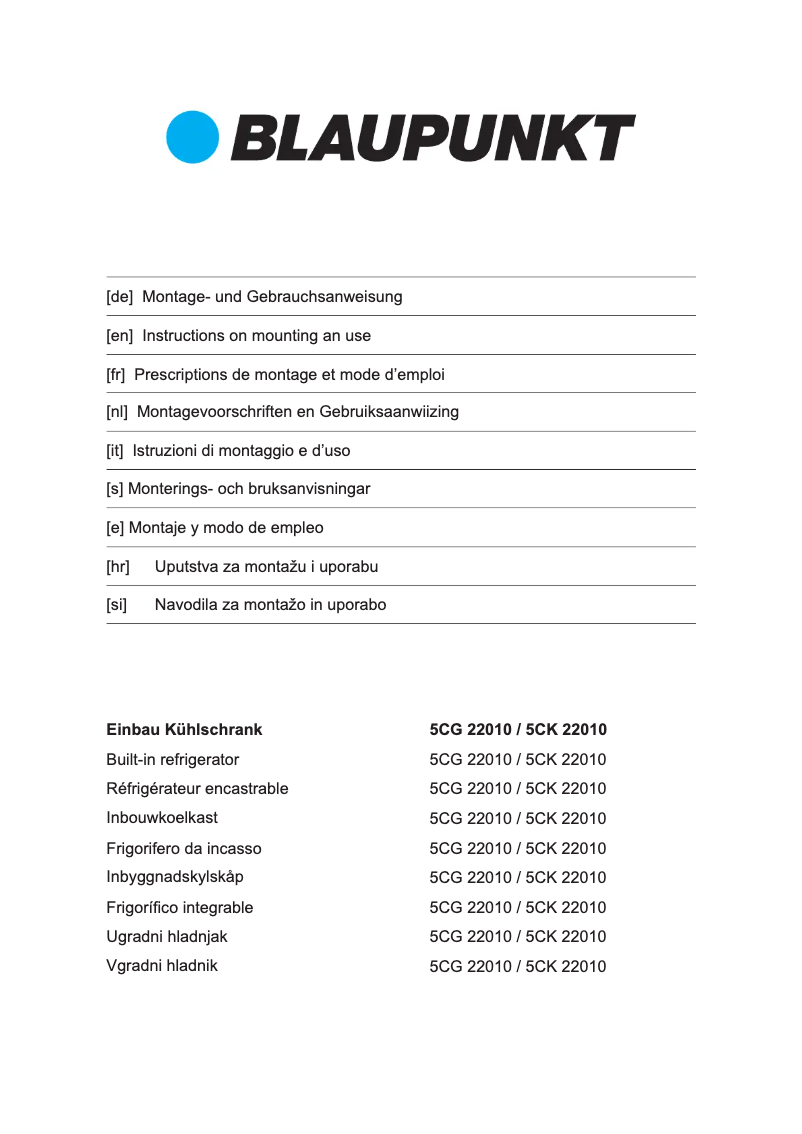 Page 1 de la notice Manuel utilisateur Blaupunkt 5CK22010