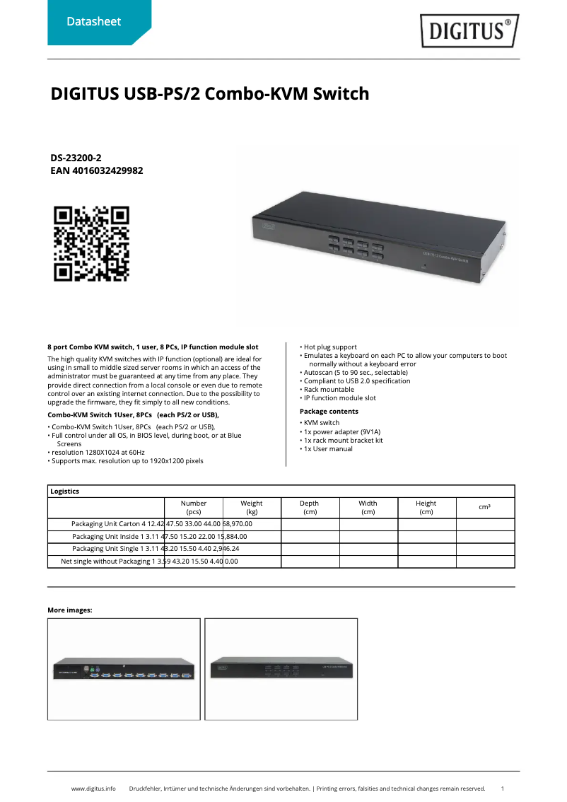 Page 1 de la notice Fiche technique Digitus DS-23200-2