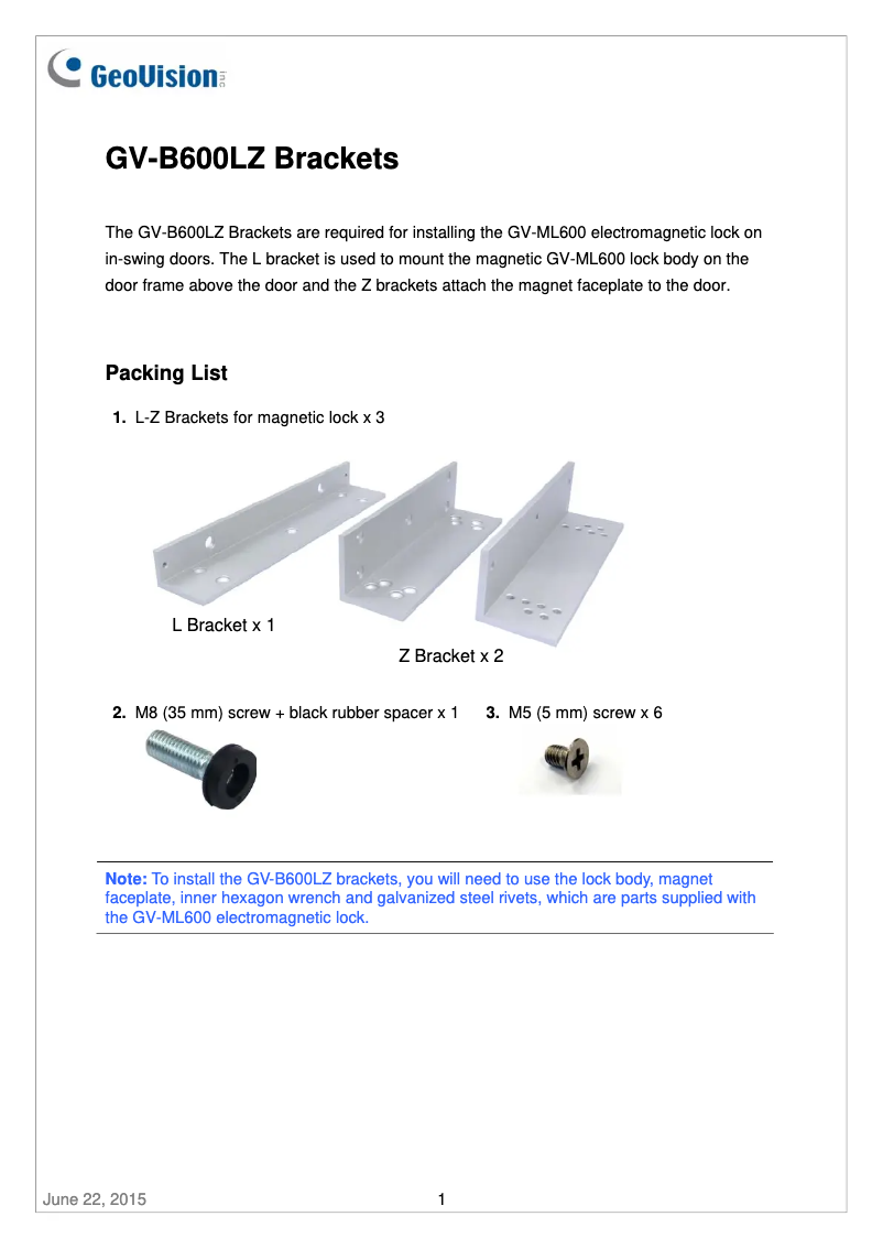 Page 1 de la notice Manuel utilisateur Geovision GV-B600LZ