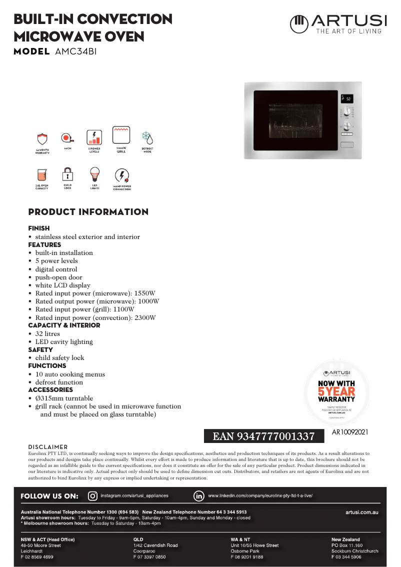 Page 1 de la notice Fiche technique Artusi AMC34BI