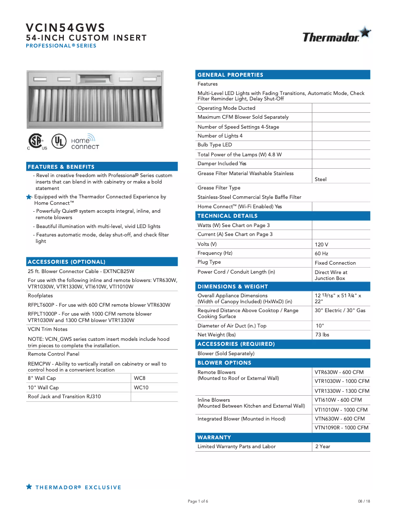 Página 1 del manual Ficha técnica Thermador VCIN54GWS