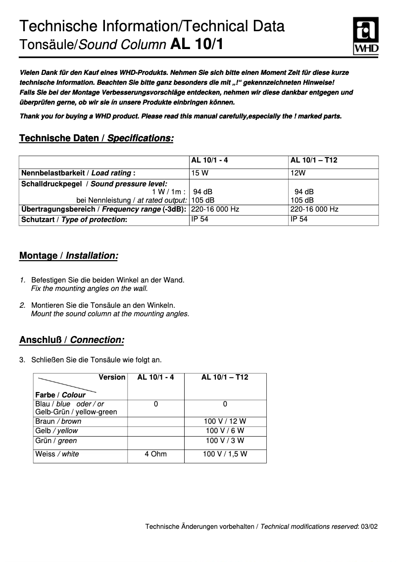 Page n°1 - Manuel utilisateur WHD AL 10/1