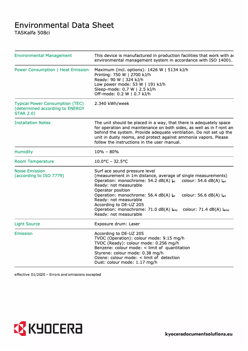 Page 1 de la notice Fiche technique Kyocera TASKalfa 508ci
