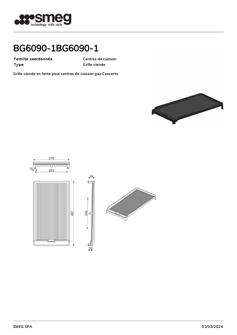 Page 1 de la notice Fiche technique Smeg BG6090-1